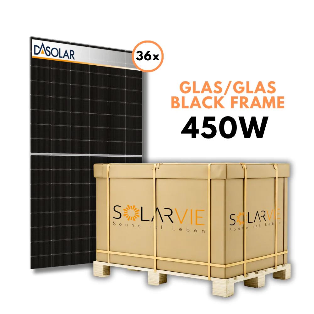 DAS Solar 450W Bifacial monokristallines N-Typ Glas-Glas Black frame Solarmodul (Palette = 36 Stück) (Auslaufmodell)