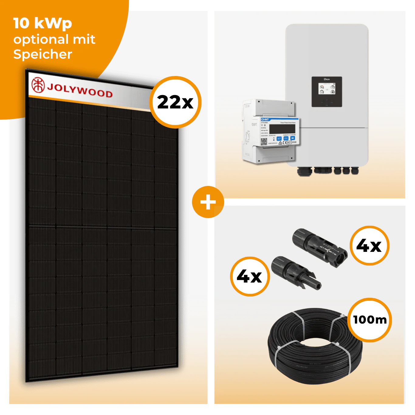 PV Komplettset 10 kWp – 22 x Jolywood 455 Full Black & Deye SUN-10K-SG05LP3-EU-SM2 opt. Deye SE-G5.1 pro B - LV Speicher