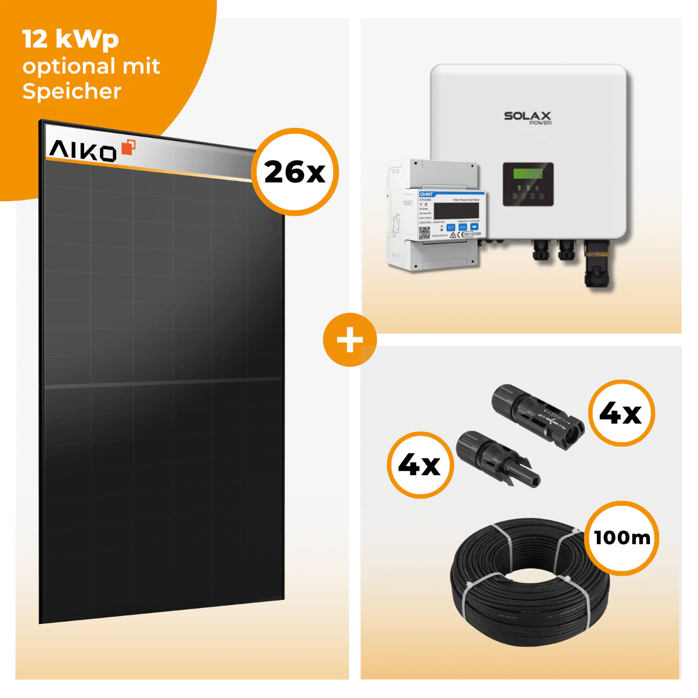 PV Komplettset 12 kWp – 26 x Aiko 470 Neostar 3S+ & Solax X3 Hybrid opt. T-BAT SYS Speicher