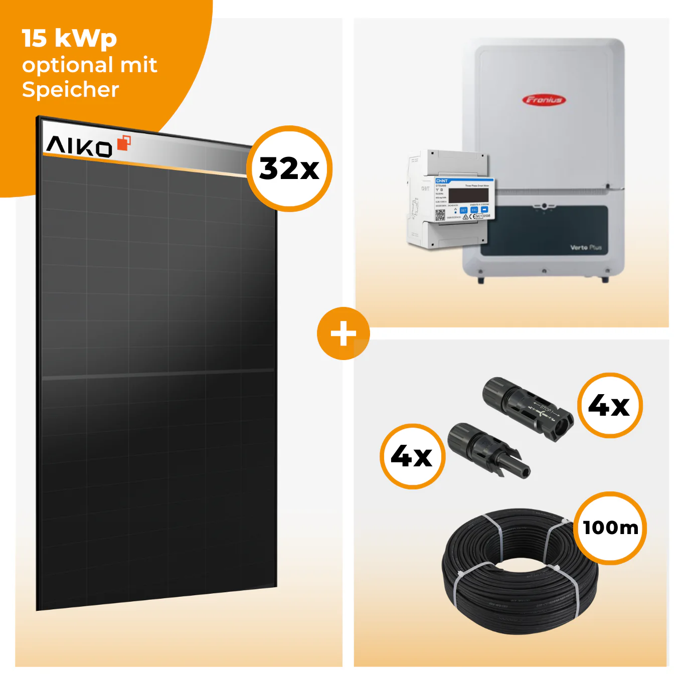 PV Komplettset 15 kWp – 32 x Aiko 470 Neostar 3S+ & Fronius Verto Plus 15.0 opt. BYD HVM Speichereinheit