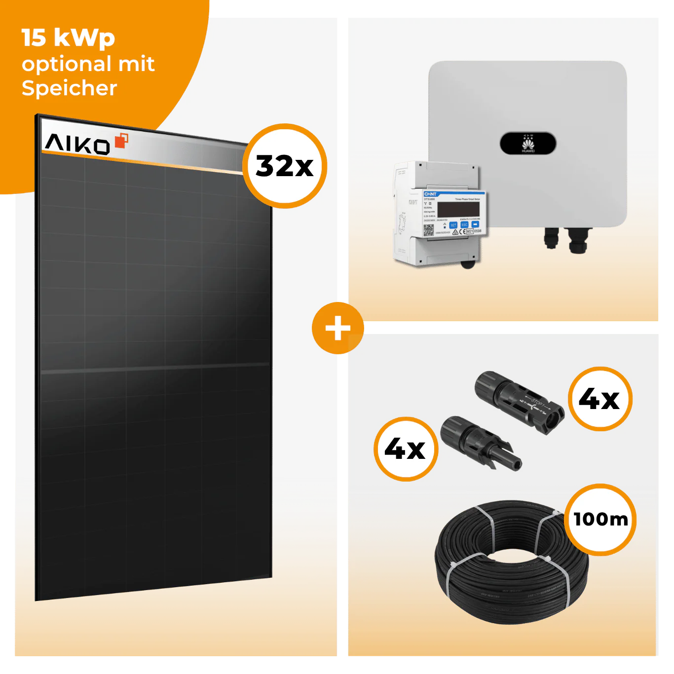 PV Komplettset 15 kWp – 32 x Aiko 470 Neostar 3S+ & Huawei SUN2000 MAP0 opt. Huawei LUNA2000 Speicher