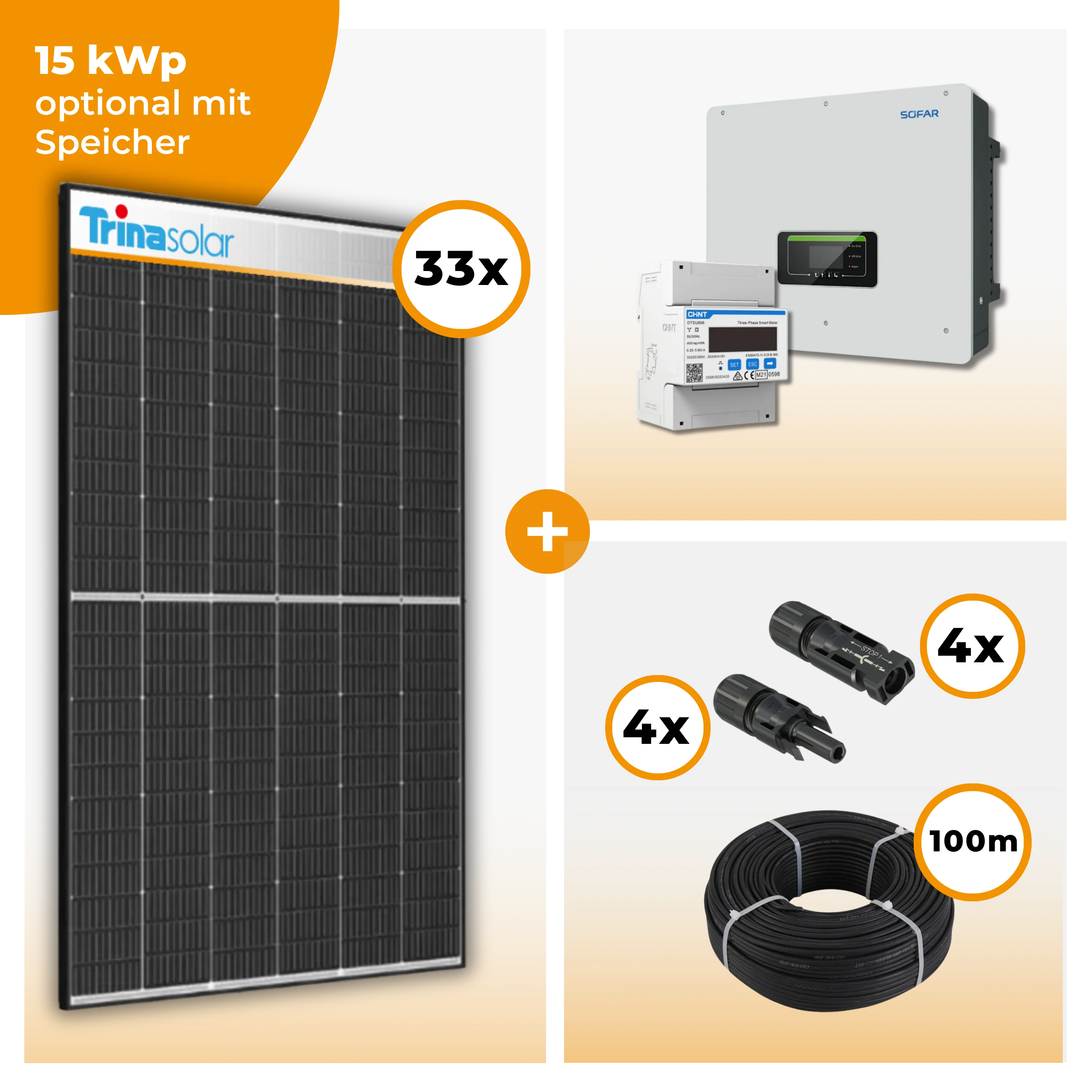 PV Komplettset 15 kWp – 33 x Trina 455 Black Frame & SofarSolar HYD KTL-3PH opt. SofarSolar BTS DS5 Speicher