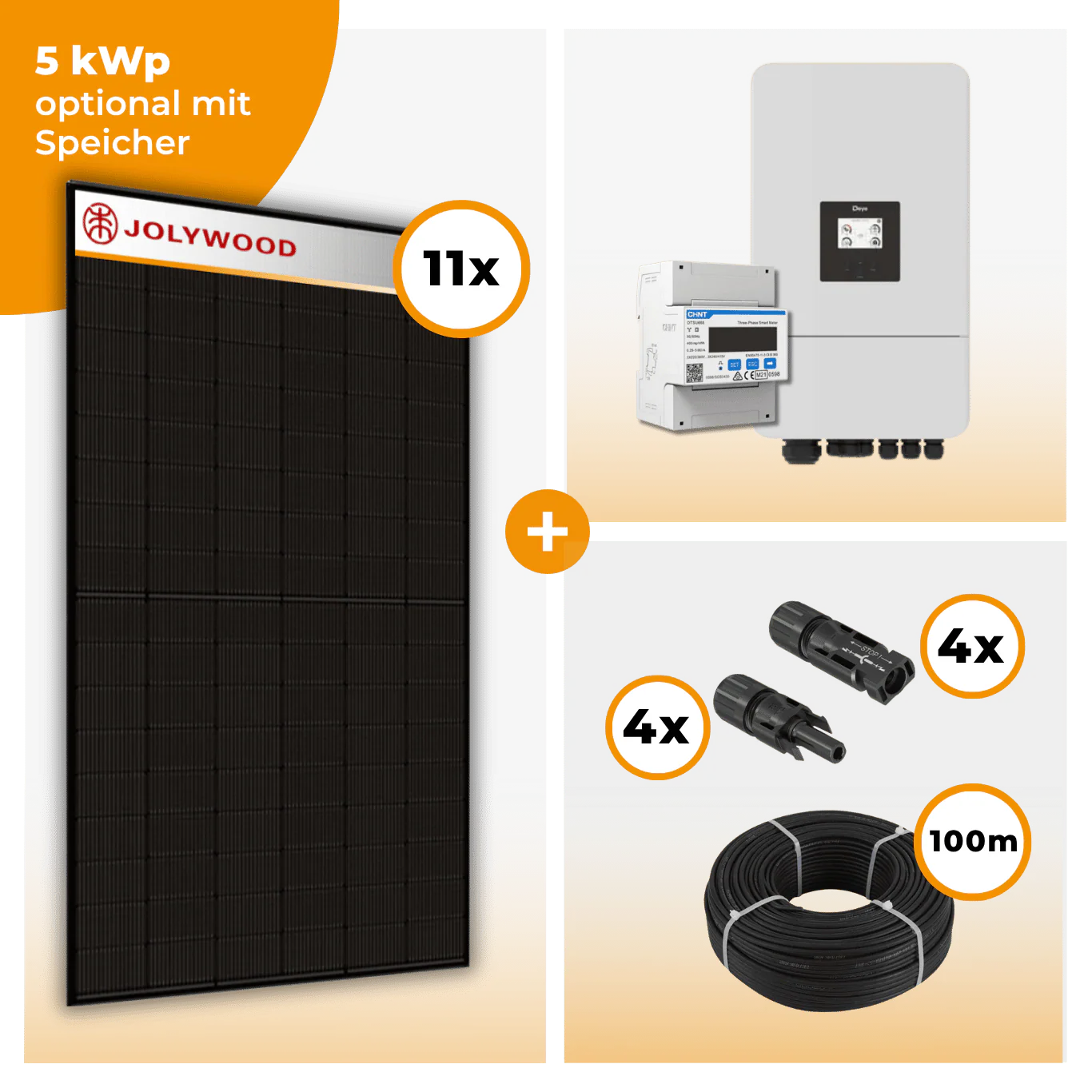 PV Komplettset 5 kWp – 11 x Jolywood 455 Full Black & Deye SUN-5K-SG05LP3-EU-SM2 opt. Deye SE-G5.1 pro B - LV Speicher