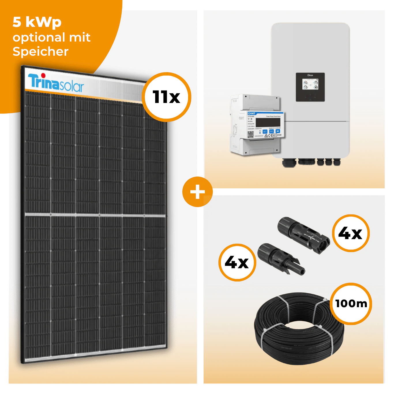 PV Komplettset 5 kWp – 11 x Trina 455 Black Frame & Deye SUN-5K-SG05LP3-EU-SM2 opt. Deye SE-G5.1 pro B - LV Speicher