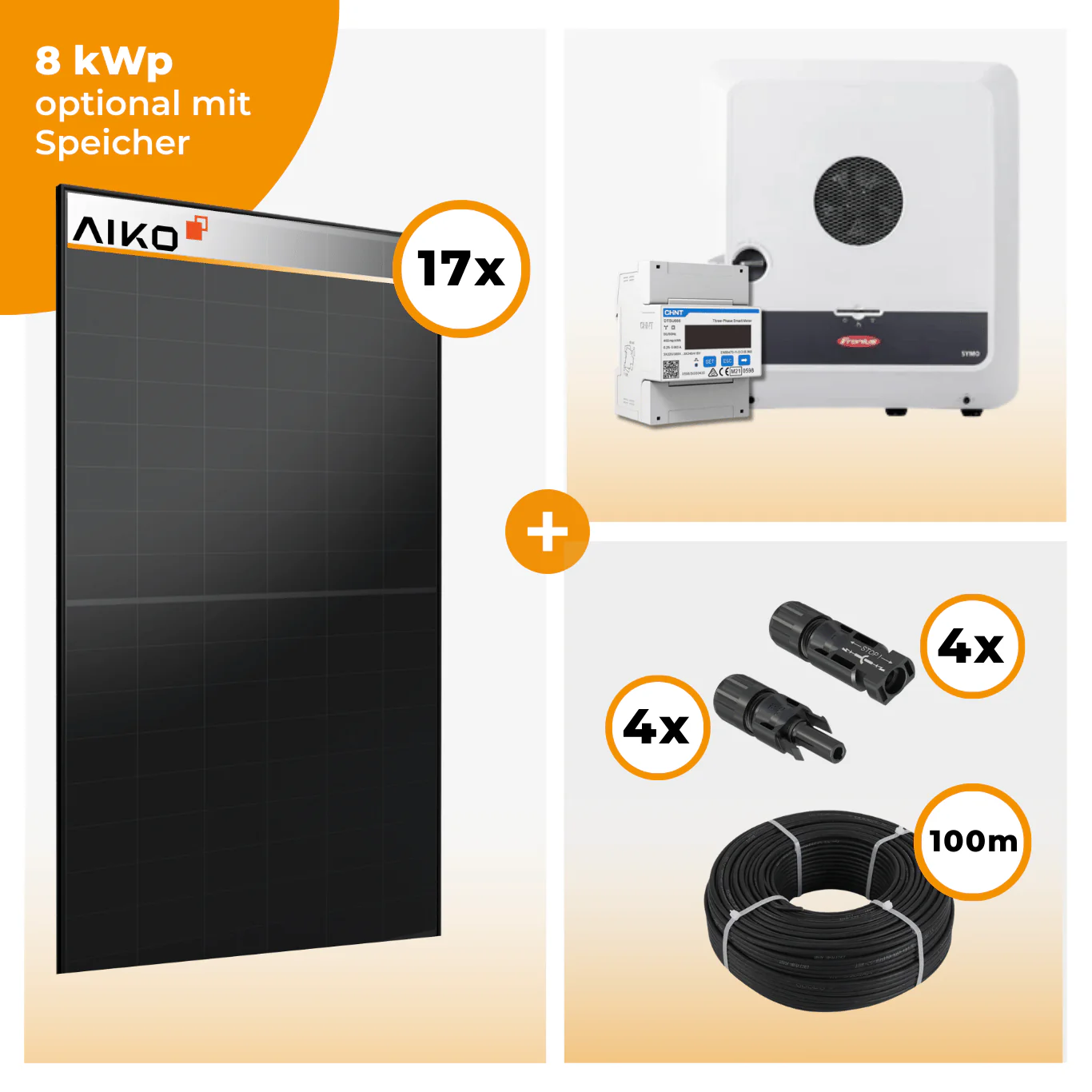 PV Komplettset 8 kWp – 17 x Aiko 470 Neostar 3S+ & Fronius Symo GEN24 Plus opt. BYD HVM Speichereinheit